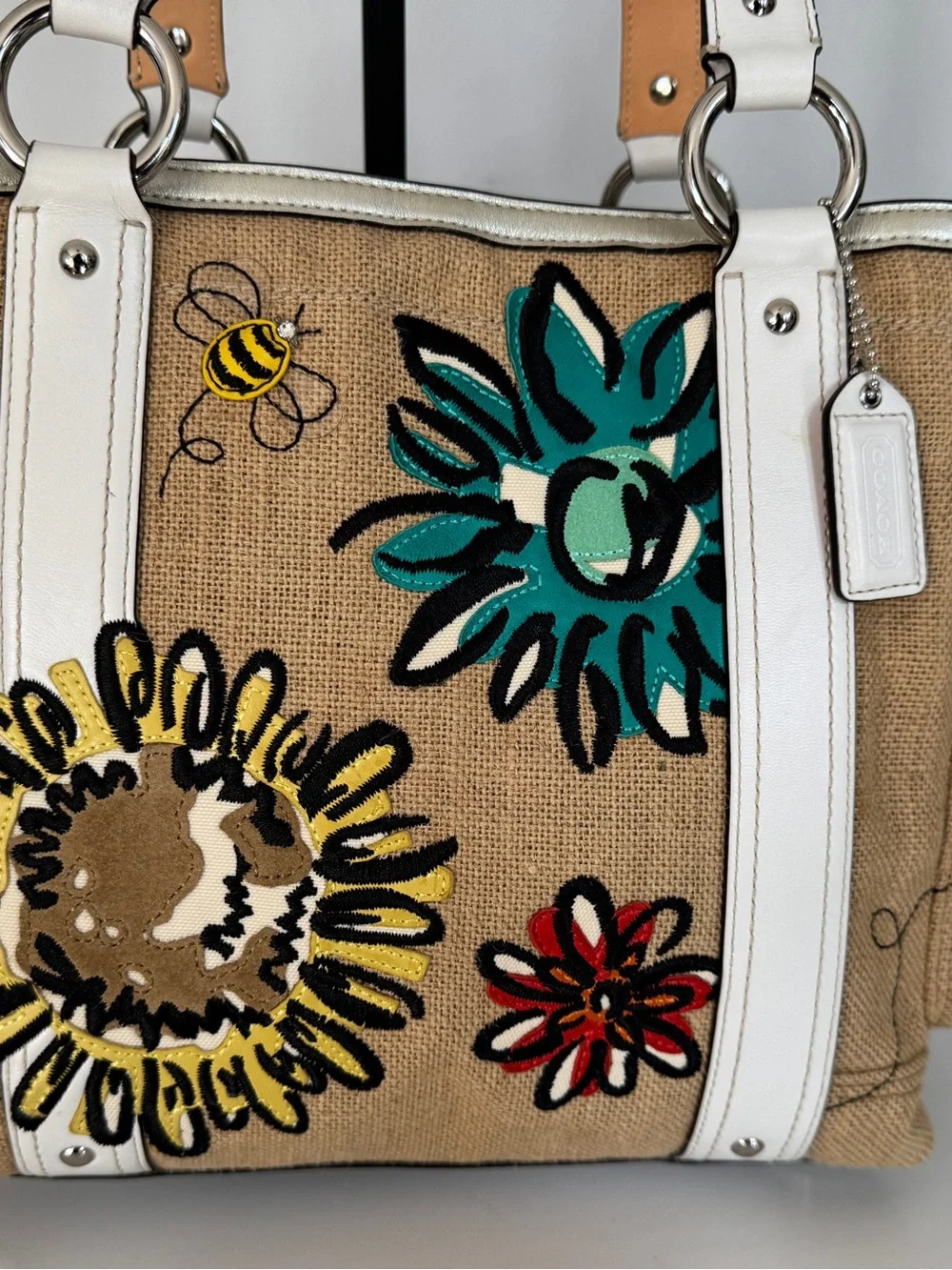 Coach Limited Edition Bumble Bee Floral Tote with White Trim and Green Interior